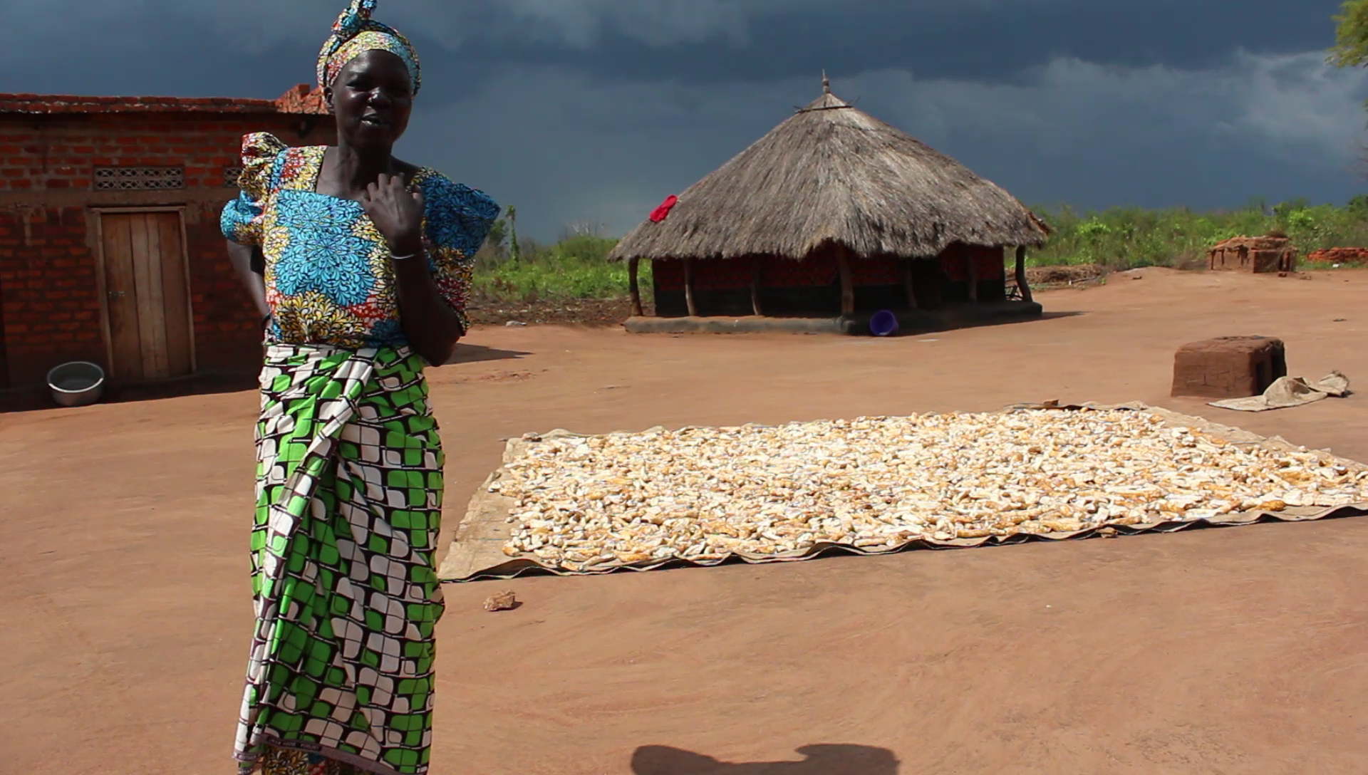 A woman standing with her arms crossed and one hand on her shoulder. Behind her is cassava being dried on the floor and a grassthatched house in the distance